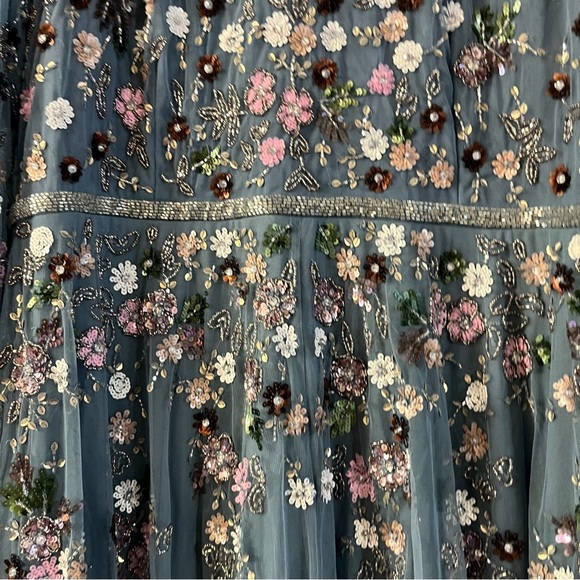 MAC DUGGAL Sequined Floral Long Sleeve High Neck Gown in Slate Blue Multi 5721 - Picture 8 of 8